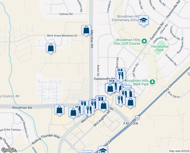 map of restaurants, bars, coffee shops, grocery stores, and more near 7612 Bullet Road in Peyton