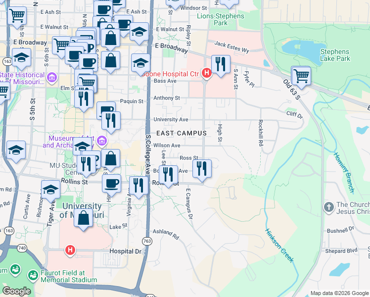 map of restaurants, bars, coffee shops, grocery stores, and more near 1418 Wilson Avenue in Columbia
