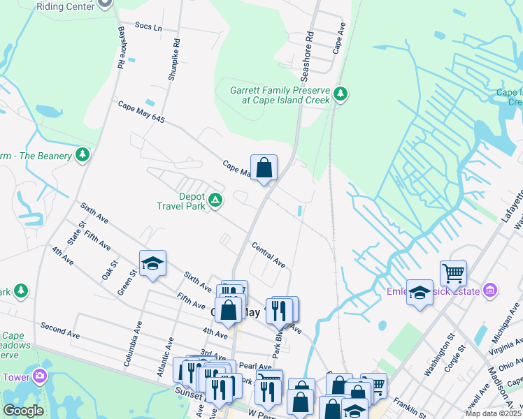 map of restaurants, bars, coffee shops, grocery stores, and more near 845 Broadway in West Cape May