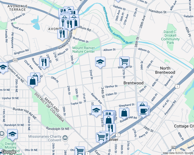 map of restaurants, bars, coffee shops, grocery stores, and more near 3209 Varnum Street in Mount Rainier