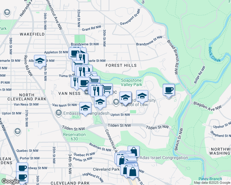 map of restaurants, bars, coffee shops, grocery stores, and more near 2939 Van Ness Street Northwest in Washington