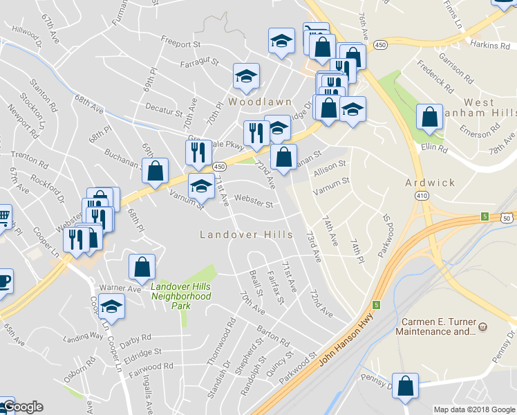 map of restaurants, bars, coffee shops, grocery stores, and more near 7117 Webster St in Hyattsville