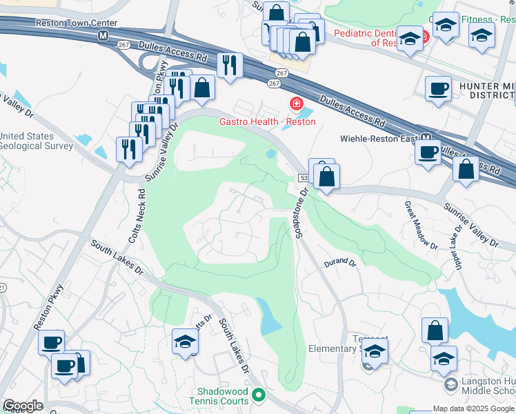 map of restaurants, bars, coffee shops, grocery stores, and more near 11615 Newbridge Court in Reston