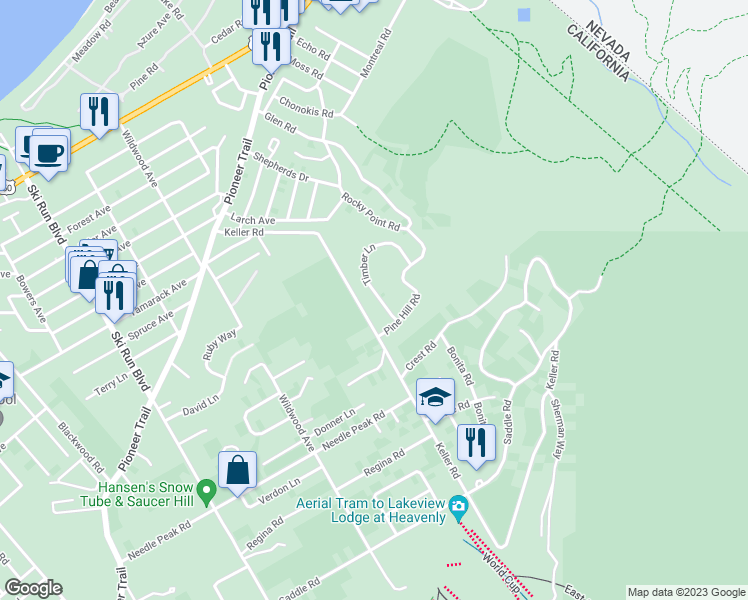 map of restaurants, bars, coffee shops, grocery stores, and more near 1266 Timber Lane in South Lake Tahoe
