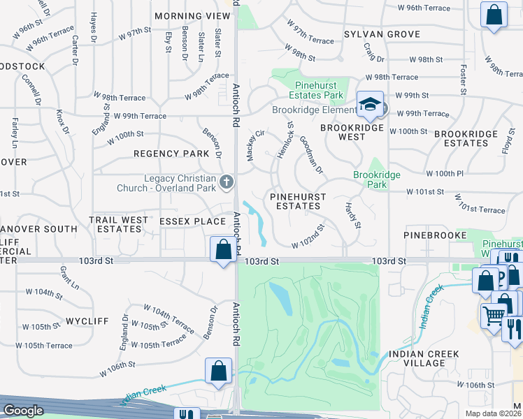 map of restaurants, bars, coffee shops, grocery stores, and more near 10148 Mackey Street in Overland Park
