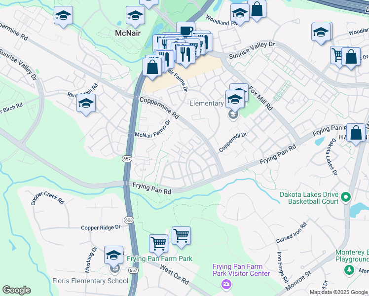 map of restaurants, bars, coffee shops, grocery stores, and more near 13389 Cleeve Hill Court in Herndon