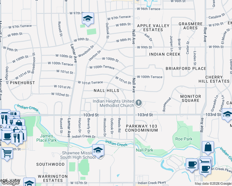map of restaurants, bars, coffee shops, grocery stores, and more near 10137 Reeds Road in Overland Park