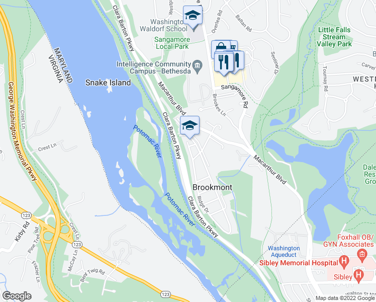 map of restaurants, bars, coffee shops, grocery stores, and more near 6508 Ridge Drive in Bethesda