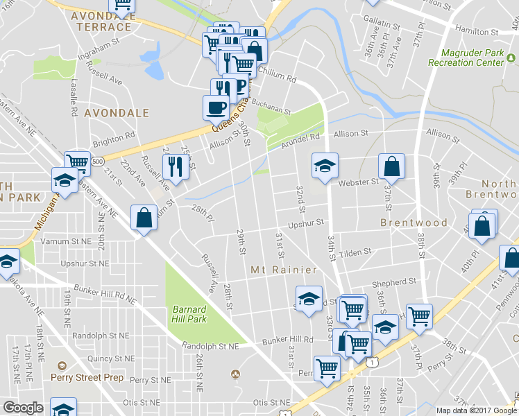 map of restaurants, bars, coffee shops, grocery stores, and more near 4403 30th Street in Mount Rainier