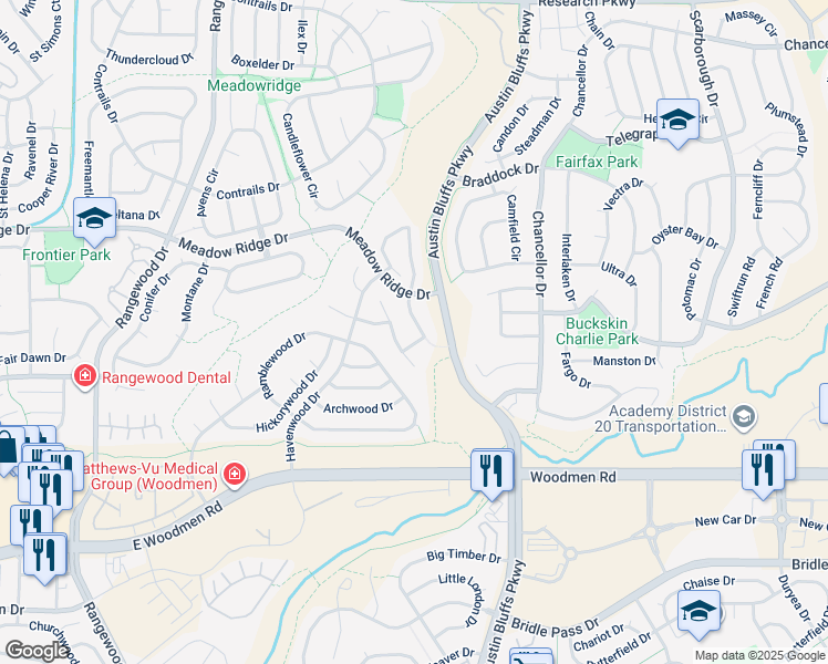 map of restaurants, bars, coffee shops, grocery stores, and more near 7790 Black Walnut Drive in Colorado Springs