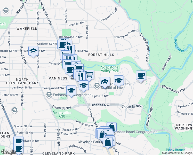 map of restaurants, bars, coffee shops, grocery stores, and more near 2939 Van Ness Street Northwest in Washington