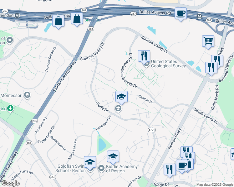 map of restaurants, bars, coffee shops, grocery stores, and more near 2173 White Cornus Lane in Reston
