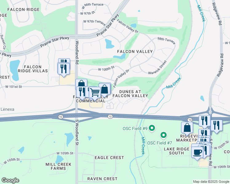 map of restaurants, bars, coffee shops, grocery stores, and more near 19436 West 102nd Street in Lenexa