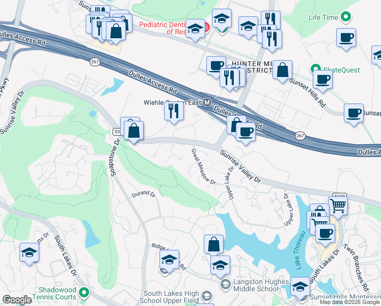 map of restaurants, bars, coffee shops, grocery stores, and more near 11435 Great Meadow Drive in Reston