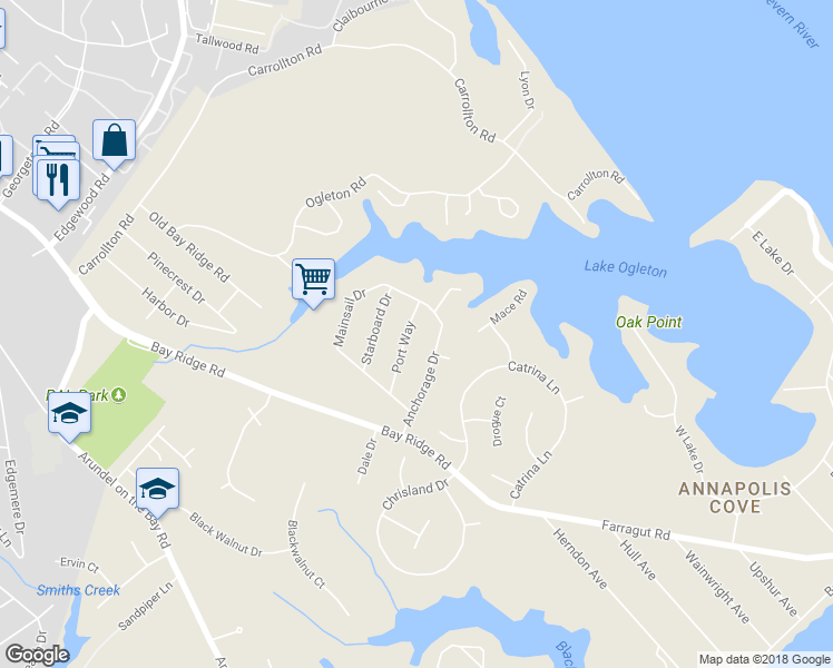 map of restaurants, bars, coffee shops, grocery stores, and more near 3121 Port Way in Annapolis