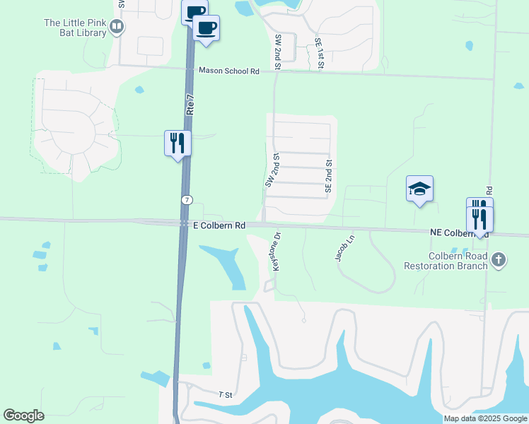 map of restaurants, bars, coffee shops, grocery stores, and more near 9420 Southwest 2nd Street in Blue Springs
