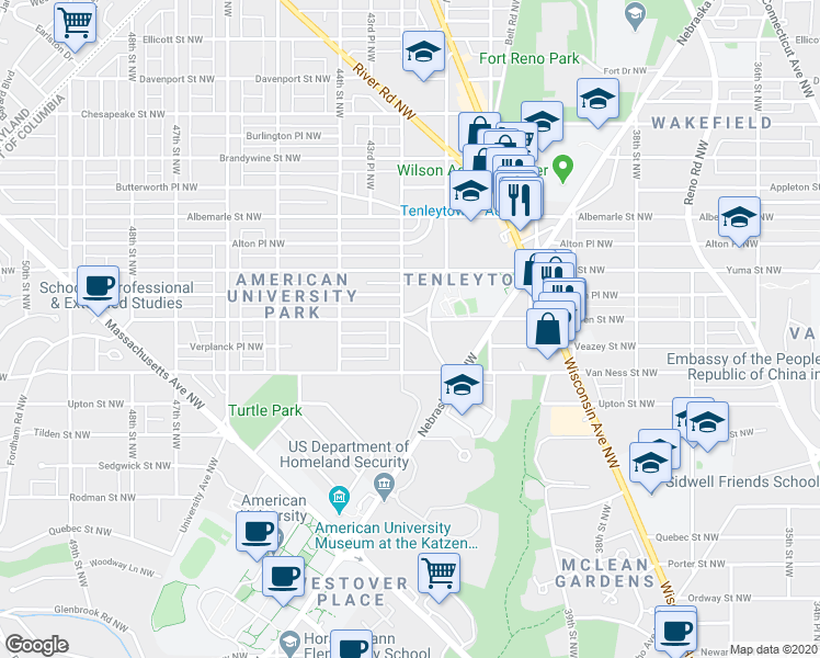 map of restaurants, bars, coffee shops, grocery stores, and more near 4256 Warren Street Northwest in Washington