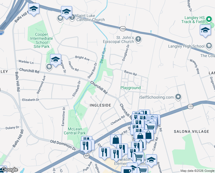 map of restaurants, bars, coffee shops, grocery stores, and more near 1112 Ingleside Avenue in McLean
