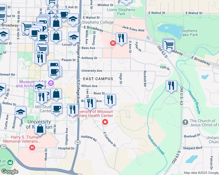 map of restaurants, bars, coffee shops, grocery stores, and more near 1516 Wilson Avenue in Columbia