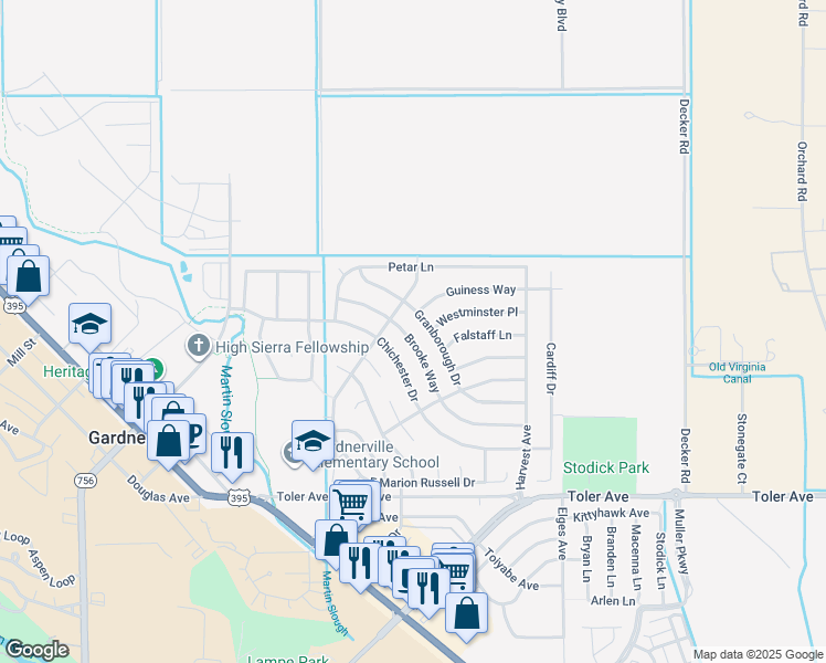 map of restaurants, bars, coffee shops, grocery stores, and more near 1330 Brooke Way in Gardnerville