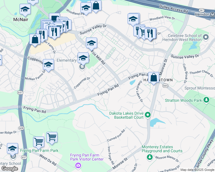 map of restaurants, bars, coffee shops, grocery stores, and more near 2430 Clover Field Circle in Herndon