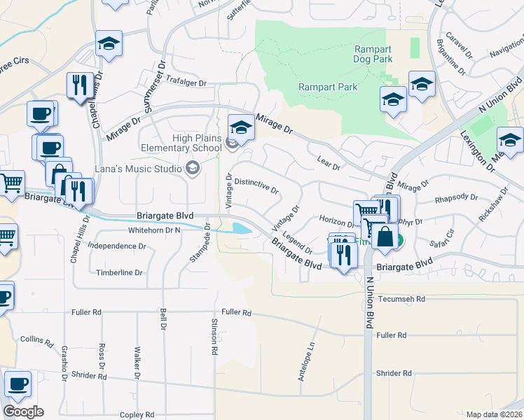 map of restaurants, bars, coffee shops, grocery stores, and more near 2374 Distinctive Drive in Colorado Springs