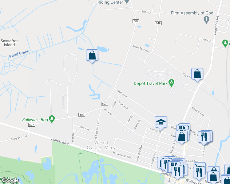 map of restaurants, bars, coffee shops, grocery stores, and more near 607 Bayshore Road in West Cape May