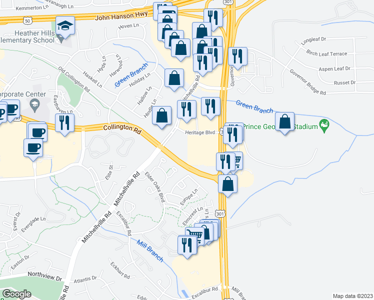 map of restaurants, bars, coffee shops, grocery stores, and more near 16301 Heritage Boulevard in Bowie