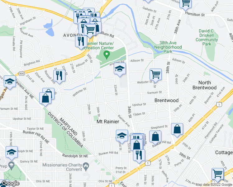 map of restaurants, bars, coffee shops, grocery stores, and more near 32nd St & Varnum St in Mt Rainier