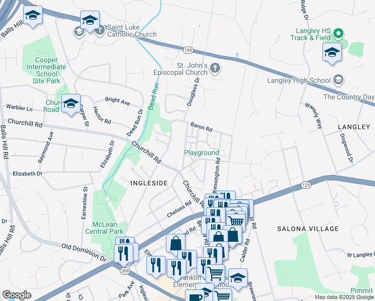 map of restaurants, bars, coffee shops, grocery stores, and more near 1153 Randolph Rd in McLean