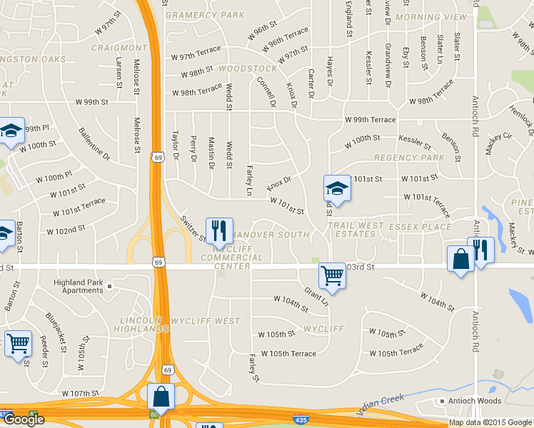 map of restaurants, bars, coffee shops, grocery stores, and more near 9810 West 101st Terrace in Overland Park