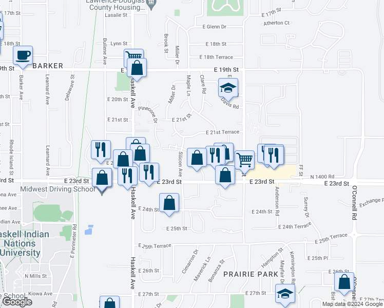 map of restaurants, bars, coffee shops, grocery stores, and more near 2130 Silicon Avenue in Lawrence