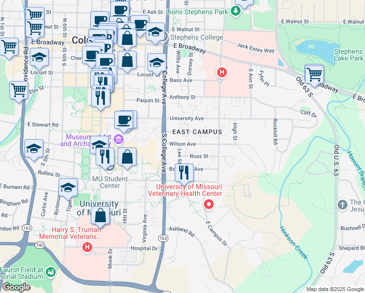 map of restaurants, bars, coffee shops, grocery stores, and more near 1400 Wilson Avenue in Columbia