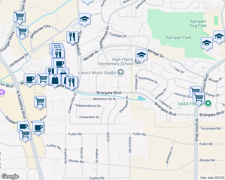 map of restaurants, bars, coffee shops, grocery stores, and more near 2113 Peacemaker Terrace East in Colorado Springs