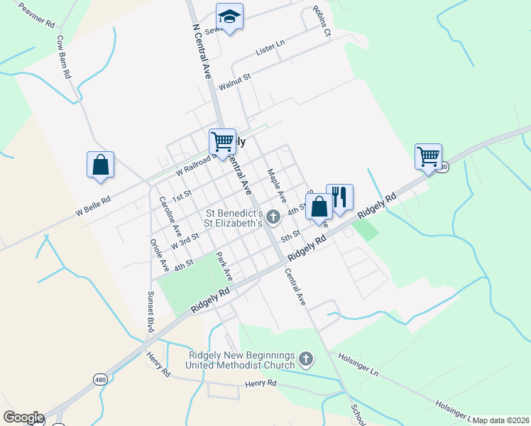 map of restaurants, bars, coffee shops, grocery stores, and more near 308 Central Avenue in Ridgely
