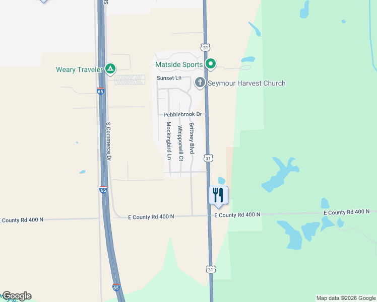 map of restaurants, bars, coffee shops, grocery stores, and more near 1168 Brittney Blvd in Seymour