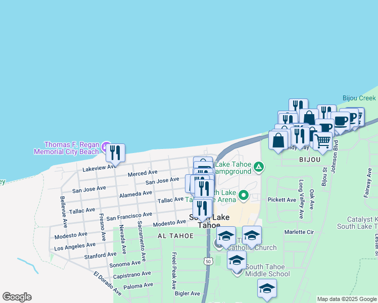 map of restaurants, bars, coffee shops, grocery stores, and more near 963 Lakeview Avenue in South Lake Tahoe