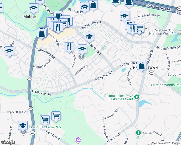 map of restaurants, bars, coffee shops, grocery stores, and more near 2492 Michael Lawrence Place in Herndon