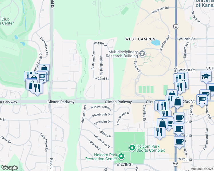 map of restaurants, bars, coffee shops, grocery stores, and more near 2215 Marvonne Road in Lawrence
