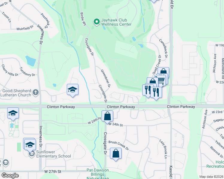map of restaurants, bars, coffee shops, grocery stores, and more near 2208 Greenbrier Drive in Lawrence