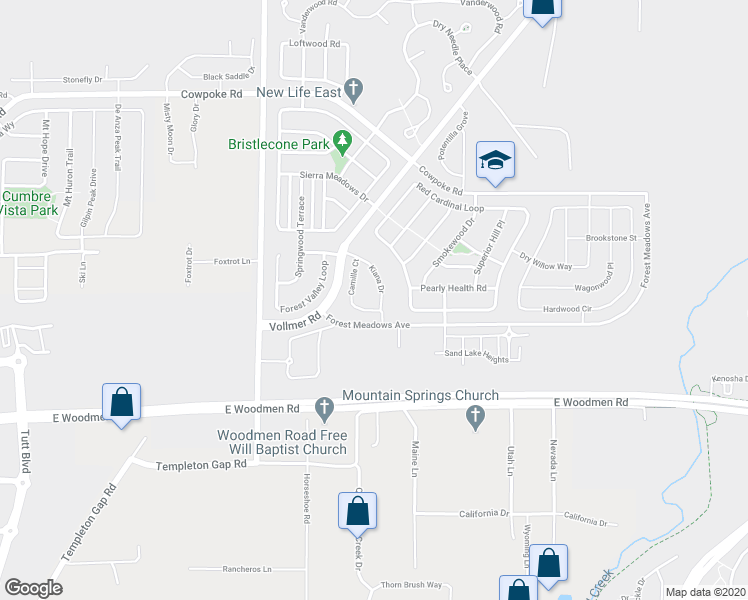 map of restaurants, bars, coffee shops, grocery stores, and more near 7644 Kiana Drive in Colorado Springs