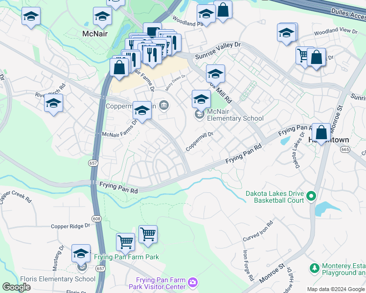 map of restaurants, bars, coffee shops, grocery stores, and more near 2456 Founders Way in Herndon