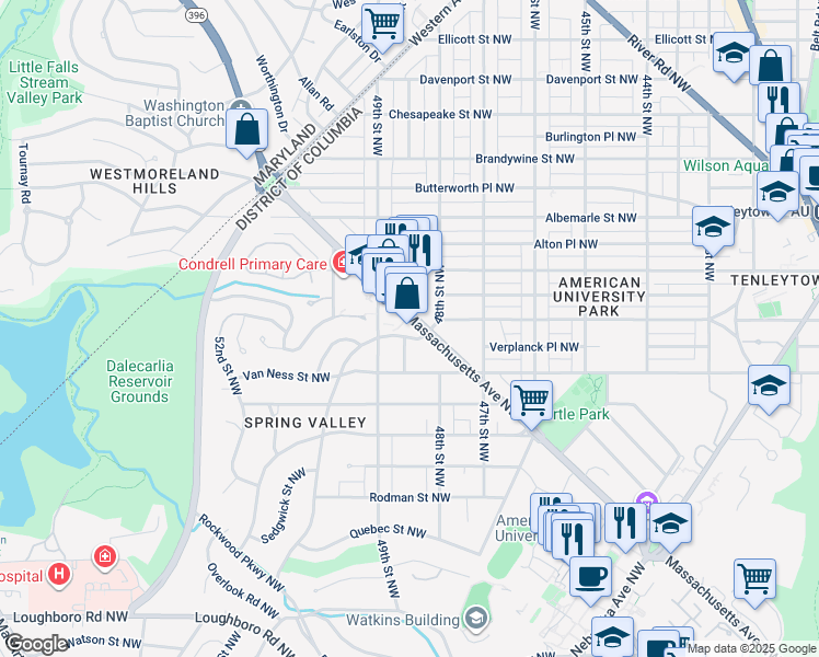 map of restaurants, bars, coffee shops, grocery stores, and more near 4820 Massachusetts Avenue Northwest in Washington