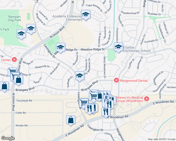 map of restaurants, bars, coffee shops, grocery stores, and more near 7775 Lindsey Drive in Colorado Springs