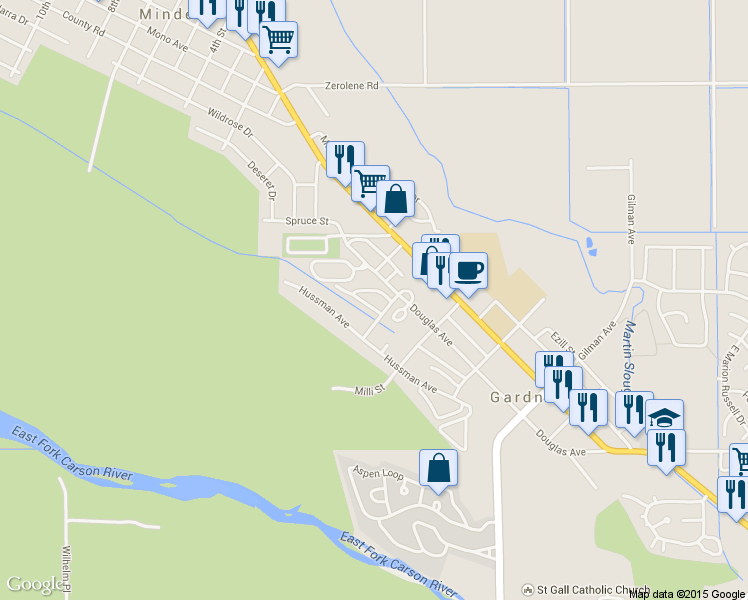 map of restaurants, bars, coffee shops, grocery stores, and more near 1506 Mill Creek Way in Gardnerville