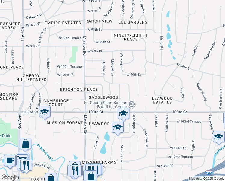 map of restaurants, bars, coffee shops, grocery stores, and more near 10108 Pawnee Lane in Leawood