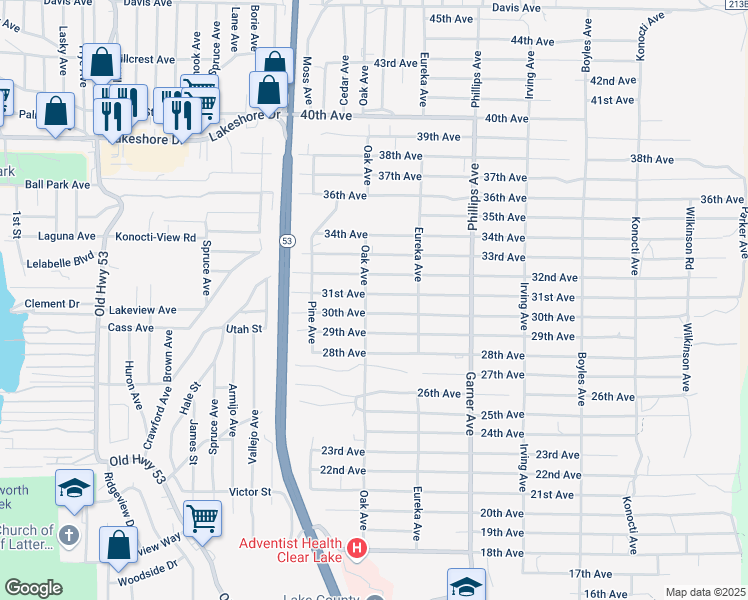 map of restaurants, bars, coffee shops, grocery stores, and more near 15713 31st Avenue in Clearlake