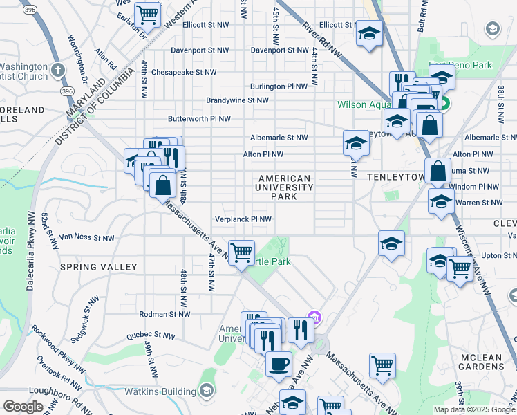 map of restaurants, bars, coffee shops, grocery stores, and more near 4530 Warren Street Northwest in Washington