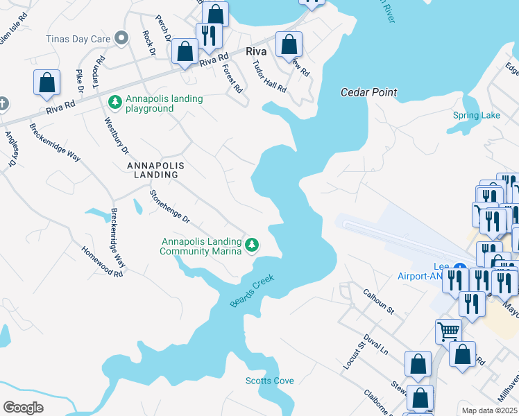 map of restaurants, bars, coffee shops, grocery stores, and more near 353 Berkshire Drive in Riva