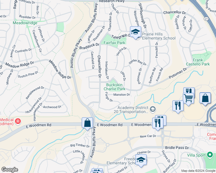 map of restaurants, bars, coffee shops, grocery stores, and more near 7775 Fargo Drive in Colorado Springs